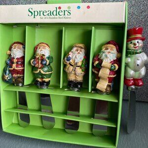 Five Christmas Cheese/Butter Spreaders. Cute detailed Santas and Snowman